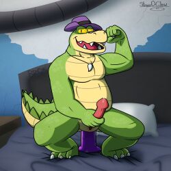 2022 alligator alligatorid anal anal_masturbation anthro bed brok_(brok_the_investigator) brok_the_investigator clothing crocodilian detailed_background erection furniture genitals green_body hat headgear headwear hi_res humanoid_hands inside male masturbation penis pillow reptile scalie slightly_chubby slit solo steveemeraldclaw video_games