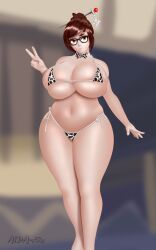 1girls aiba-kun asian asian_female bare_shoulders big_breasts bikini breasts brown_eyes brown_hair chubby chubby_female cleavage cow_print cow_print_bikini eyelashes female female_only glasses hips huge_breasts human hyper_breasts large_breasts legs looking_at_viewer mei_(overwatch) micro_bikini navel overwatch peace_sign plump skimpy skindentation smile solo solo_female standing thick thick_thighs v_sign venus_body voluptuous voluptuous_female wide_hips