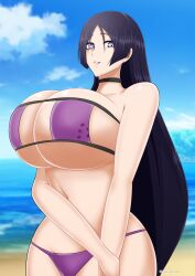 1girls axel_persona big_breasts bikini bikini_bottom bikini_top breasts cleavage eyepatch_bikini fate/grand_order fate_(series) female female_only hair huge_breasts long_hair mature mature_female mature_woman milf minamoto_no_raikou_(fate/grand_order) purple_bikini purple_eyes purple_hair smile solo solo_female swimsuit swimwear