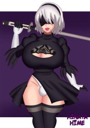 1futa big_breasts blindfold breasts bulge cleavage clothed clothing fully_clothed futa_only futanari hairband hinata-hime huge_breasts human intersex light-skinned_futa light_skin nier nier:_automata penis penis_under_clothes purple_background short_hair solo solo_futa standing thick_thighs thighhighs white_hair wide_hips yorha_2b