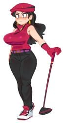 1girls black_hair blue_eyes blush curvy earrings female female_only gloves golf_club golf_outfit jeans mario_(series) mario_golf nintendo pauline solo thick_thighs wamudraws