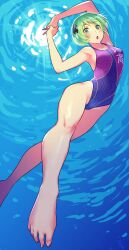 arms_up barefoot blue_eyes competition_swimsuit female foreshortening freediving green_hair hair_ornament hattori_mitsuru high_res kenkou_zenrakei_suieibu_umishou looking_at_viewer ninagawa_amuro one-piece_swimsuit open_mouth short_hair swimsuit two-tone_swimsuit underwater x_hair_ornament