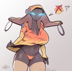 1girls 2d alien alien_girl arcafterdark breasts female ivara_(warframe) panties pussy_outline revealing_clothes shirt_lift solo solo_female stockings thick_thighs thighhighs warframe