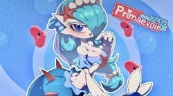 blue_background blue_eyes blue_hair blue_theme blush cleavage cosplay_gardevoir drunkoak female female_focus female_only fusion gardevoir long_eyelashes long_hair mermaid nintendo pearls pokémon_(species) pokemon pokemon_(species) pokemon_hybrid pokemon_only primarina