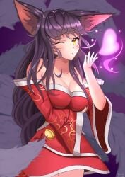 ahri black_hair blowing_kiss breasts cleavage dark_hair dress female female_only fox fox_ears fox_girl fox_tail heart kemonomimi kissing league_of_legends long_hair magic nine_tailed_fox pudding300 red_dress yellow_eyes