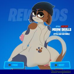 absurd_res anthro anus calico_cat crouching domestic_cat epic_games felid feline felis female fortnite genitals hi_res looking_at_viewer mammal meow_skulls_(fortnite) mottled nipple_piercing nipples piebald piercing pussy solo tagme thespeedyraisin video_games