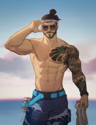 1boy abs adjusting_sunglasses amo amo9612 arm_tattoo arm_up armpits beach beard chest_tattoo cocky facial_hair hanzo looking_at_viewer male male_focus male_only man_bun muscular muscular_arms muscular_male outdoors overwatch shirtless smile smiling_at_viewer solo solo_male sunglasses swimming_trunks tagme tattoo tattooed_arm topless wave_hanzo