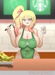 barista black_eyes blonde_hair blush breasts hi_res large_ass large_breasts long_hair luxy_(thegxjudgement) multicolored_hair naked_apron ponytail thegxjudgement thick_thighs wide_hips