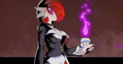 belt belt_collar candle cleavage cleavage_overflow dress drunkoak female female_focus female_only gardevoir large_breasts litwick nintendo pokémon_(species) pokemon pokemon_(species) red_background red_eyes red_hair suit