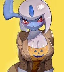 absol blush breast_squeeze cleavage clothed clothes clothing drunkoak female female_focus female_only halloween jacket large_breasts nintendo pokémon_(species) pokemon pokemon_(species) red_eyes tight_clothing yellow_background