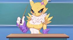 anthro blue_eyes cleavage digimon drunkoak female female_focus female_only fox fox_ears fox_girl fur furry large_breasts long_eyelashes looking_at_viewer renamon school teacher