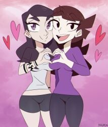 2girls breasts brown_hair clothing cr1tikal cute drupeneassot duo duo_focus female female_only heart heart-shaped_pupils heart_hands jaiden jaiden_animations medium_breasts purple_background shirt tattoo tights youtube yuri