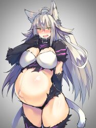 animal_ears atalanta_(alter)_(fate) atalanta_(fate) big_breasts blush cat_ears cat_tail catgirl cleavage collar embarrassed fate/grand_order fate_(series) female female_only fur green_eyes kemonomimi kuronyan long_hair looking_at_viewer oerba_yun_fang pregnant slit_pupils solo tail thick_thighs type-moon white_hair wide_hips