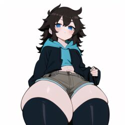 1male 2022 ai_generated annoyed blush brown_hair edit edited femboy hoodie huge_thighs legwear long_hair male male_only mateo_(tvkidd) messy_hair nai_diffusion simple_background solo solo_focus stable_diffusion thick_thighs tired tvkidd white_background white_skin