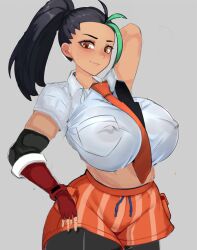 1girls big_breasts black_hair coon8384 freckles green_hair huge_ass huge_breasts necktie necktie_between_breasts nemona_(pokemon) no_bra orange_eyes pokemon pokemon_sv shorts thick_thighs tie