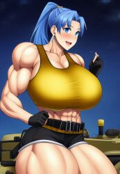 1girls abs ai_generated bare_arms bare_legs bare_midriff bare_shoulders bare_thighs biceps black_gloves blue_eyes blue_hair blush building cleavage denim_shorts earrings giant giantess gigantic_breasts gloves huge_breasts king_of_fighters leona_heidern looking_at_viewer macro massive_breasts midriff muscle muscles muscular muscular_arms muscular_female muscular_legs muscular_thighs night ponytail short_shorts shorts sideboob size_difference smile snk stable_diffusion tank_top thick_thighs triangle_earrings voluptuous voluptuous_female wide_hips yellow_tank_top