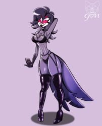 anthro ass avian beak big_butt bird breasts camel_toe claws clothed clothing demon eyelashes feathers female female_stolas gatojack3 genderswap genital_outline helluva_boss hi_res high_heel_boots high_heels mature_female multi_eye open_mouth open_smile owl owl_demon partially_clothed purple_body purple_feathers pussy_outline red_eyes rule_63 simple_background smile solo stolas_(helluva_boss) thick_thighs thigh_boots tongue