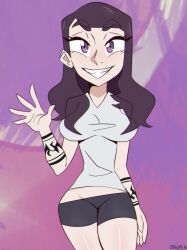 1girls brown_hair clothing cr1tikal drupeneassot female purple_background purple_eyes shirt shorts smile solo tattoo tattoos wave youtube