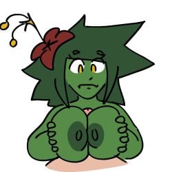 animated animated_gif bananalizard big_breasts bouncing_breasts colored diico_(bananalizard) fangs floran floran_(starbound) flower flower_in_hair green_skin hair_ornament huge_breasts large_breasts nipples original_character paizuri plant_girl squeezing_breast starbound transparent_background yellow_eyes