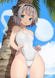 1girls ass_visible_through_thighs beach black_hairband black_ribbon blue_eyes blue_sky blush clothes_pull cloud collarbone day female gray_hair grey_hair hair_ribbon hairband legs looking_at_viewer mamemochi ocean one-piece_swimsuit one-piece_swimsuit_pull open_mouth outdoors palm_tree pulled_by_self ribbon school_swimsuit short_hair sky smile solo standing swimsuit thighs touhou tree white_one-piece_swimsuit white_swimsuit youmu_konpaku