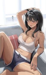 1girls big_breasts blush cleavage cousin female female_only large_breasts long_hair original original_character shorts solo spread_legs surumenium sweat sweat_stain wet_clothes