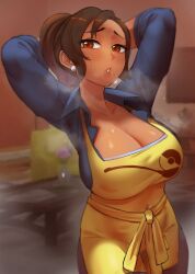 1girls abigbrother apron big_breasts blue_pants blue_shirt bottomwear breasts brown_eyes brown_hair cleavage clothing female female_only hair hands_behind_head huge_breasts lips mature mature_female mature_woman milf mother mother_(pokemon_sv) pants pokemon pokemon_sv shirt solo solo_female steam steamy_breath sweat sweatdrop topwear yellow_apron