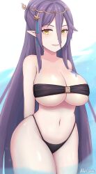 1girls aria_(epic7) cleavage curvy elf elf_ears epic7 female hair_ornament huge_breasts light-skinned_female light_skin long_hair looking_at_viewer micro_bikini png pointy_ears purple_hair smiling thick_thighs thong video_game_character yellow_eyes