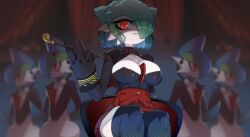 black_dress braided_hair cleavage cosplay_gardevoir dress drunkoak gallade gardevoir gloves green_hair hair_buns large_breasts long_eyelashes looking_at_viewer looking_down_at_viewer nintendo pipe pokémon_(species) pokemon pokemon_(species) red_eyes sitting suit