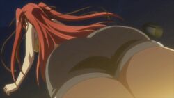 1girls animated anime_screencap ass big_ass black_ribbon blue_shorts blush breasts clothing demon_girl denim denim_shorts female naruse_mio open_mouth production_ims red_eyes red_hair ribbon shinmai_maou_no_testament short_shorts shorts sitting tied_hair twintails video