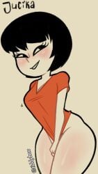 ass black_hair child_bearing_hips covering_pussy exposed_ass fat_ass grin huge_ass jucika legs orange_shirt perky_breasts pulling_on_clothes shirt smirk smug thick_thighs thighs thunder_thighs tiddybaa_(artist) wide_hips