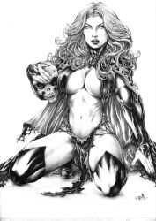 1girls 2022 big_breasts black_and_white breasts bulging_breasts clone dacilio_costa ed_benes_studio female female_only goblin_queen_(x-men) high_resolution highres holding_skull homo_superior human human_only light-skinned_female light_skin looking_at_viewer madelyne_pryor marvel marvel_comics skull voluptuous_female x-men