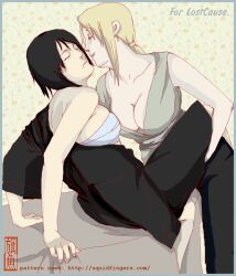 2girls black_hair blonde_hair breasts cleavage drunk female female_focus female_only getnine implied_sex large_breasts long_hair medium_breasts multiple_girls naruto naruto_(series) naruto_shippuden shizune short_hair smile teacher_and_student tsunade yuri