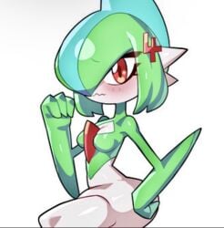 blush drunkoak female female_focus female_only gallade green_hair hand_on_hip long_eyelashes nintendo pokémon_(species) pokemon pokemon_(species) red_eyes rule_63 shy white_background wide_hips