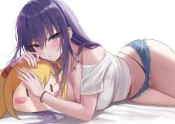 1girls biya blue_eyes blush booty_shorts breast_tattoo breasts butterfly_tattoo cleavage female hi_res hips huge_breasts large_breasts light-skinned_female light_skin long_hair looking_at_viewer oc original_character purple_hair short_shorts shorts slim_waist thick_thighs thighs thong wide_hips yuna_(biya)