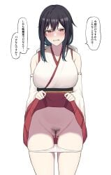 ass_visible_through_thighs black_hair breasts clenched_teeth clothes_lift collarbone detached_sleeves embarrassed epaulettes female highres japanese_text kantai_collection large_breasts looking_at_viewer medium_hair nontraditional_miko panties panty_pull pubic_hair red_eyes red_skirt ribbon-trimmed_sleeves ribbon_trim simple_background skirt skirt_lift solo takaman_(gaffe) teeth text translated underwear upper_body white_background white_panties wide_sleeves yamashiro_(kantai_collection)