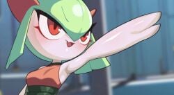 blush detailed_background dress drunkoak female female_focus female_only green_hair kirlia nintendo pokémon_(species) pokemon pokemon_(species) red_eyes