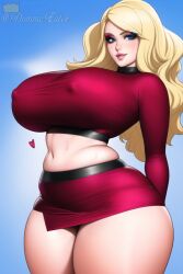 1girls ai_generated artist_self-insert belly big_breasts big_thighs blonde_hair blue_eyes breasts busty clothed clothed_female clothes clothing curvaceous curvy curvy_body curvy_female curvy_figure eyeliner eyeshadow female female_focus female_only grin hips huge_breasts large_breasts large_thighs light-skinned_female light_skin long_hair looking_at_viewer makeup midriff nai_diffusion navel nipple_bulge nipples nipples_visible_through_clothing queen_dee queen_dee_(character) skirt smile smiling smiling_at_viewer smirk smirking smug solo solo_female solo_focus stable_diffusion stomach sweat sweaty thick thick_thighs thighs voluptuous wide_hips