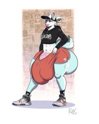 anthro balls big_ass big_balls big_butt big_penis bulge bulge_through_clothing femboy feminine_male furry huge_ass huge_balls huge_butt huge_cock hung_trap hyper_cock_femboy kay-kay_(kaibawolf) male midriff original original_character penis short_shorts