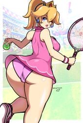 1girls ass big_ass blonde_hair bubble_butt cameltoe dragonsinmysky female female_only lipstick looking_at_viewer looking_back mario_(series) mario_tennis nintendo panties pantyshot princess_peach shoes tennis_uniform thick_thighs underwear upskirt wink