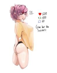 1girls alternate_breast_size ass doki_doki_literature_club large_breasts looking_back natsuki_(doki_doki_literature_club) pink_hair solo text thick_thighs yawn yudsnuts