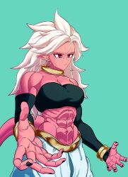 1girls abs android_21 arms athletic_female belly_button black_nails bracelet breasts colored_skin dragon_ball dragon_ball_fighterz dragon_ball_z female fingers fit fit_female harem_outfit highres jewelry looking_at_viewer majin_android_21 medium_breasts muscular muscular_arms muscular_female navel pink_skin pointy_ears red_eyes serious six_pack solo solo_female tail white_hair zquung