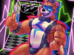 1boy 1male accessory anthro arctavius bara barazoku bear belly biceps black_nose blue_eyes bodypaint bowtie brown_fur bulge detailed detailed_background ear_piercing facepaint fangs five_nights_at_freddy's five_nights_at_freddy's:_security_breach floor fur furry glamrock_freddy_(fnaf) latex lingerie looking_at_viewer male male_focus male_only mammal moobs muscular muscular_arms muscular_male muscular_thighs neon neon_lights open_mouth pecs pierced_ears piercing pointing pointing_at_viewer shoulder_pads spiked_bracelet spikes standing talking_to_viewer teeth text thumbs_up top_hat topwear underwear ursid vein veins