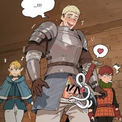 1girls 2boys armor balls being_undressed blush boner breastplate censored_penis chilchuck_tims dungeon_meshi elf erection female foreskin foreskin_insertion foreskin_pull gambeson half-elf halfling human kensuke_(dungeon_meshi) knight laios_touden male male_focus marcille_donato monsterfucker muscles muscular pants_down penis ppatta surprised sword tentacle tentacle_in_foreskin tentacle_on_male tentacle_rubbing_testicle vambraces white_tentacles