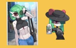 belly_button black_dress crossdressing dilf dress drunkoak gardevoir gothic green_hair kirlia long_hair nintendo picture pokémon_(species) pokemon pokemon_(species) red_eyes stomach sunglasses tank_top toned