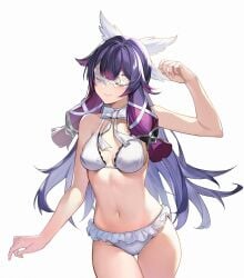 1girls arms_up bangs bare_arms bare_shoulders belly belly_button bikini blush blush_lines bow bra breasts closed_eyes collarbone columbina_(genshin_impact) cowboy_shot female female_focus female_only frills genshin_impact gradient_hair groin hair_flaps hand_up hi_res high_resolution highres light-skinned_female light_skin long_hair medium_breasts multicolored_hair only_female purple_hair shiny shiny_hair sidelocks simple_background solo solo_female solo_focus standing stomach swimsuit thigh_gap thighs very_long_hair white_background white_bikini white_bow yin_lan_xue