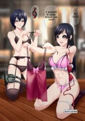 2girls abs big_breasts black_bra black_hair black_legwear black_panties black_sclera blue_hair blush bra cleavage colorized dialogue english_text female female_only frilled_bra frills full_body garter garter_belt garter_straps gun_holster hi_res hime_cut kengan_(series) kengan_ashura kneeling kure_fusui kure_karla lace-trimmed_bra lingerie long_hair negligee official_art panties pink_bra pink_panties short_hair small_breasts smile speech_bubble stockings thigh_strap thought_bubble toned toned_female toned_stomach white_eyes