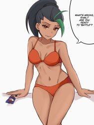 1girls bikini biting_lip collarbone condom condom_wrapper english_text freckles looking_at_viewer nemona_(pokemon) nintendo pokemon pokemon_sv selverna smile