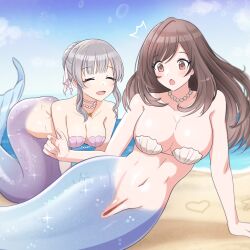 2girls beach blue_tail breasts brown_eyes brown_hair cute female female_only fish fish_girl fish_tail full_body idolmaster idolmaster_shiny_colors jpeg kiria_ai mermaid mermaid_ass mermaid_girl mermaid_tail multiple_girls purple_tail pussy seashell_bra sex tail tsukioka_kogane water yukoku_kiriko