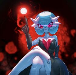 black_dress cleavage detailed_background drunkoak female female_focus female_only gardevoir large_breasts mega_evolution mega_gardevoir nintendo pokémon_(species) pokemon pokemon_(species) shiny_gardevoir shiny_pokemon thick_thighs thigh_tattoo