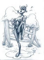 2003 anthro anthro_only bivouac breasts cattle clarabelle_cow clothing disney female female_only fence front_view monochrome nipples outdoors solo standing tagme toony tree